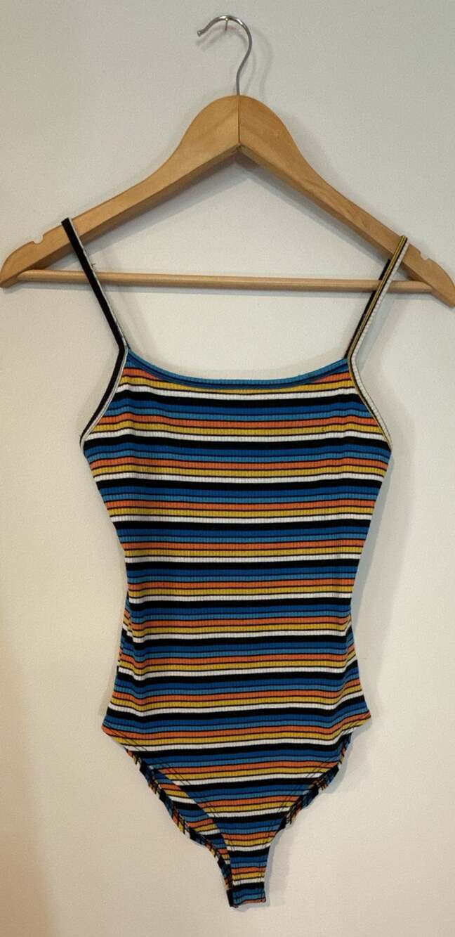 Gaze Multi-Color Striped Ribbed Spaghetti Strap Bodysuit Size S